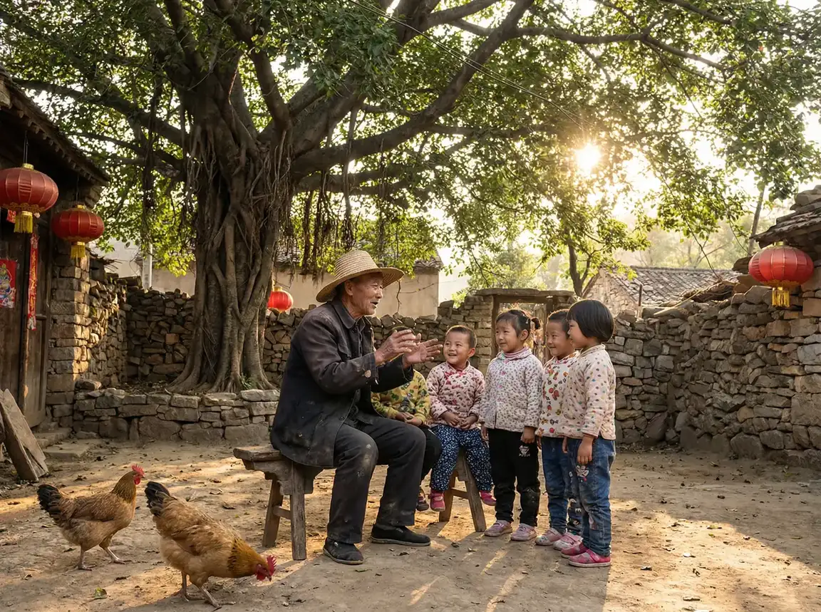 老人在大榕树下给孩子们讲故事 - 在禁林边缘似乎偶尔能找到破碎的 乡村记忆